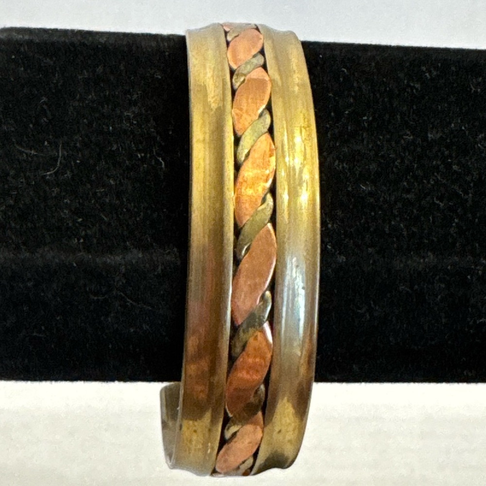 Vintage Adjustable Brass Gap Cuff Bracelet Solid Copper Center Braded Jewelry